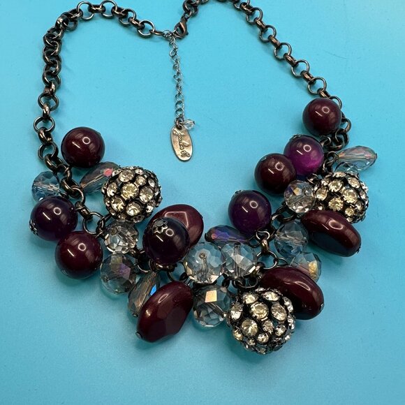 Jules B. Purple Beads & Clear Crystal Bead Clusters on Gunmetal Chain - Picture 1 of 8